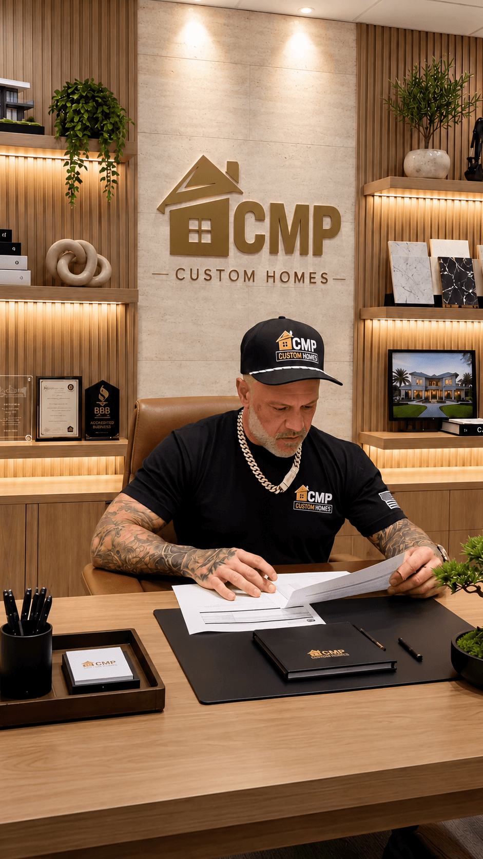 Chris Paladino, founder of ISI Collective, reviewing project paperwork at his desk
