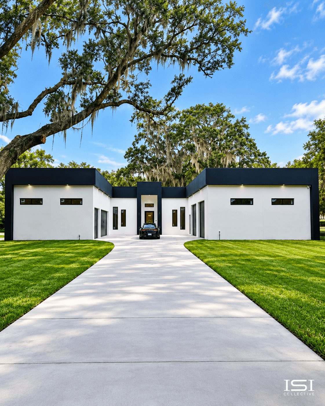 Completed modern new construction home with white stucco and black metal roofline