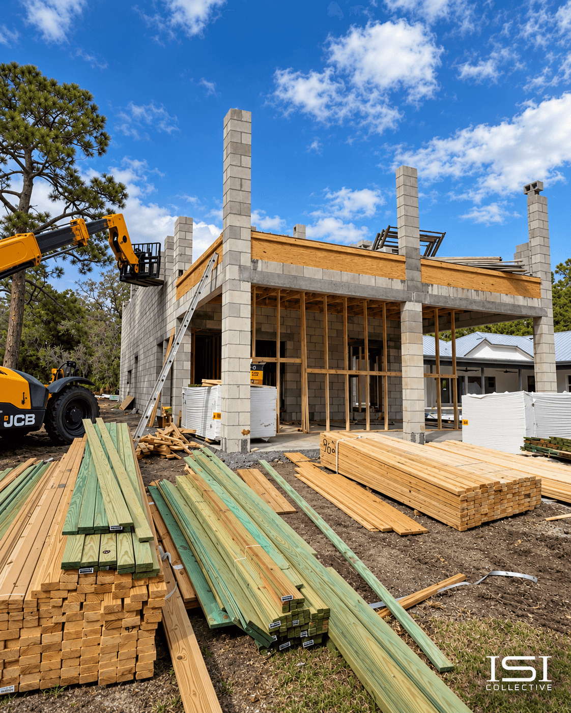 Ground-up new construction home under framing with lumber staged on site in Florida